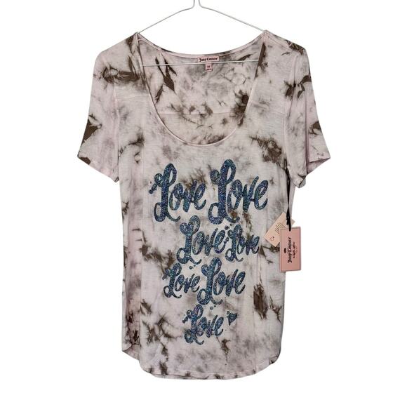 Y2K JUICY COUTURE Love Pink Tie Dye Glittery Sparkly Soft T Shirt Top Sz XS NWT - Picture 2 of 10